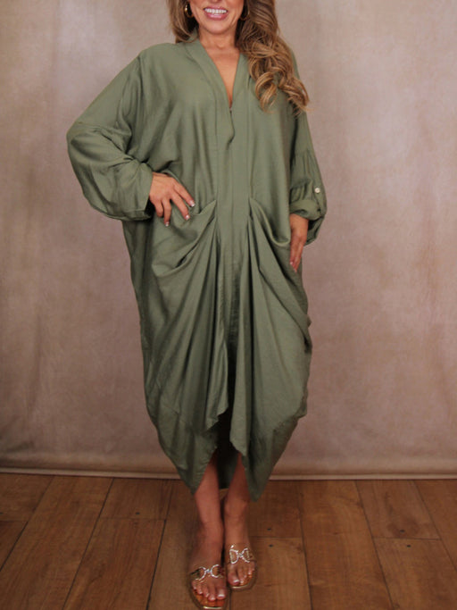 Bohemian Solid Colour  Loose V-Neck Dress