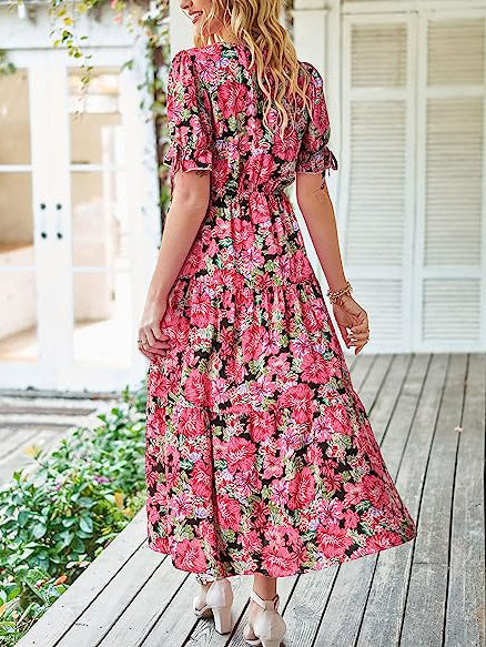 Summer Boho Dress Tie Front Deep V Neck Cutout Short Sleeve Floral Casual Party Beach Maxi Dresses