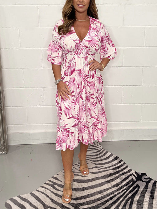 Bohemian casual print V-neck waist wrap dress