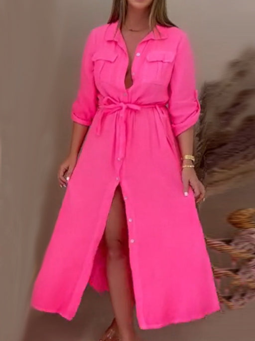 Casual Solid Color Loose Fit Midi Shirt Dress