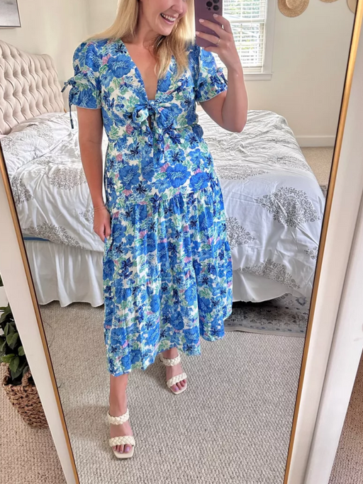 Summer Boho Dress Tie Front Deep V Neck Cutout Short Sleeve Floral Casual Party Beach Maxi Dresses