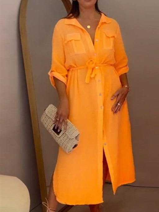 Casual Solid Color Loose Fit Midi Shirt Dress